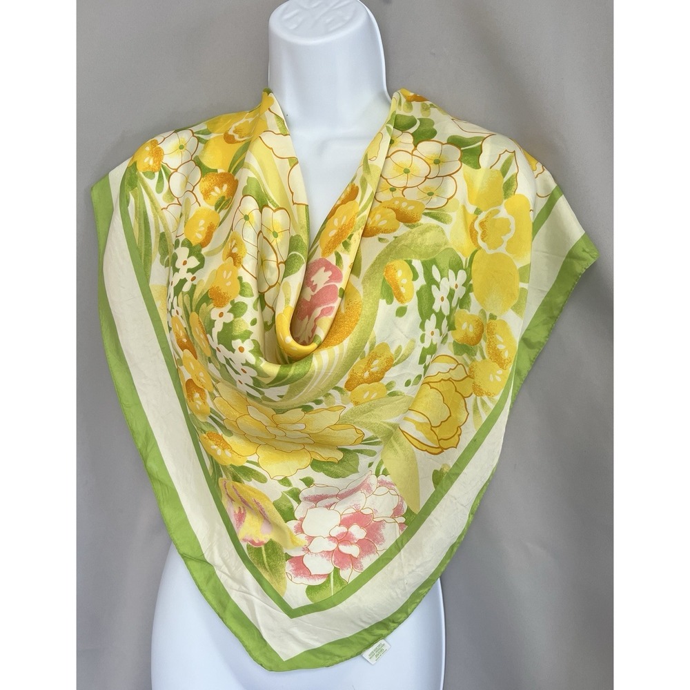 Vtg Green Yellow Burst of Spring Floral SM‎ Kent Avon Acetate Scarf 27" Japan